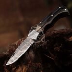 Damascus Folding Pocket Knife — Hand-Forged, 7" Overall, Leather Sheath (RK-558) - Image 2