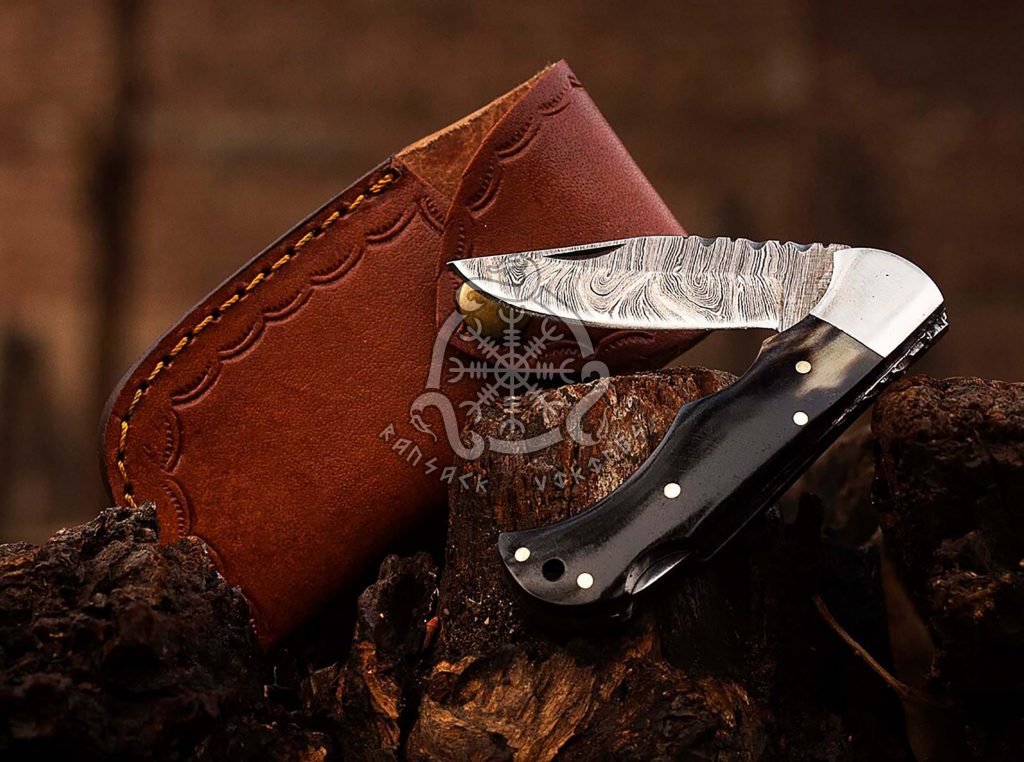 Damascus Folding Pocket Knife — Hand-Forged, 7″ Overall, Leather Sheath (RK-558)