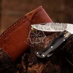 Damascus Folding Pocket Knife — Hand-Forged, 7" Overall, Leather Sheath (RK-558)