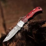 Damascus Folding Pocket Knife — Hand-Forged, 7" Overall, Hardwood Handle, Leather Sheath | Engraving Available - Image 2