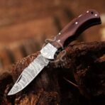 Damascus Folding Pocket Knife — Hand-Forged, 7" Overall, Wood Handle, Leather Sheath | Engraving Available (RK-560) - Image 3