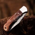 Damascus Folding Pocket Knife — Hand-Forged, 7" Overall, Wood Handle, Leather Sheath | Engraving Available (RK-560) - Image 4