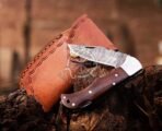 Damascus Folding Pocket Knife — Hand-Forged, 7" Overall, Wood Handle, Leather Sheath | Engraving Available (RK-560)