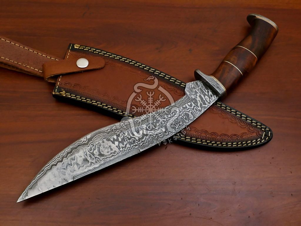 Damascus Kukri Knife, Hand-Forged, Stag Horn Handle, Leather Sheath - view 2