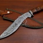 Damascus Kukri Knife — Hand-Forged, Stag Horn Handle, Leather Sheath