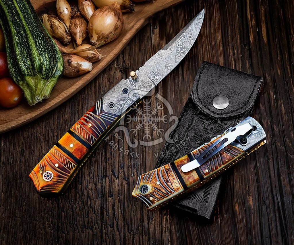 Damascus Folding Pocket Knife — Hand-Forged, 7.5″ Overall, Leather Sheath