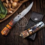 Damascus Folding Pocket Knife — Hand-Forged, 7.5" Overall, Leather Sheath