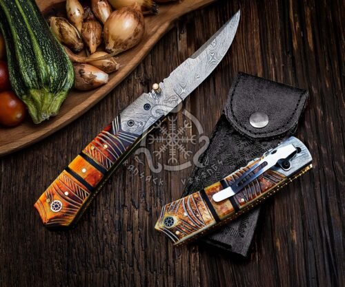 RK-566 Damascus Chief Pocket knife With Clip, Every Day Carry Hunting Knife, Hand Forged Damascus Folding Knife Gift For Him, Best Gifts For Men