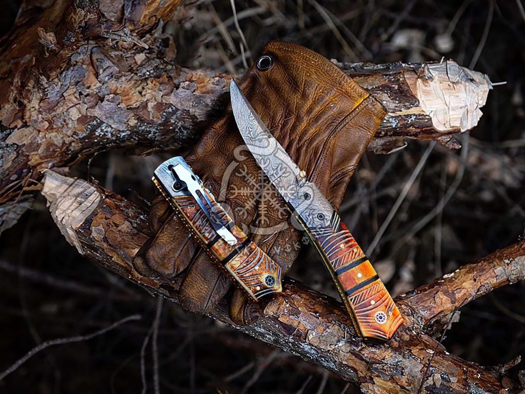 Damascus Folding Pocket Knife — Hand-Forged, 7.5″ Overall, Leather Sheath - view 2