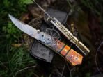 Damascus Folding Pocket Knife — Hand-Forged, 7.5" Overall, Leather Sheath - Image 4