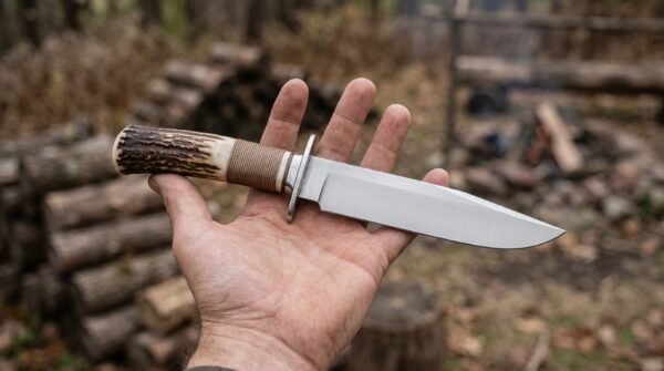 Steel camp knife with stag horn handle and cord wrapped front grip resting on an open palm by a stacked woodpile