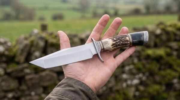 Tanto knife with stag horn and black horn handle held flat on an open palm in front of a stone wall and green fields