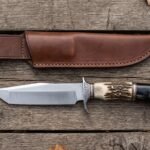 Tanto knife with stag horn handle laid on old wooden planks below its brown leather sheath with fallen oak leaves