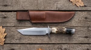 Tanto knife with stag horn handle laid on old wooden planks below its brown leather sheath with fallen oak leaves