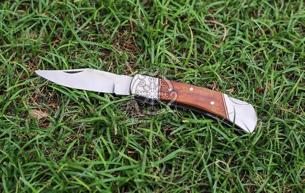 Stainless Steel Folding Pocket Knife — Hand-Forged, 7″ Overall, Camel Bone Handle, Leather Sheath - view 2