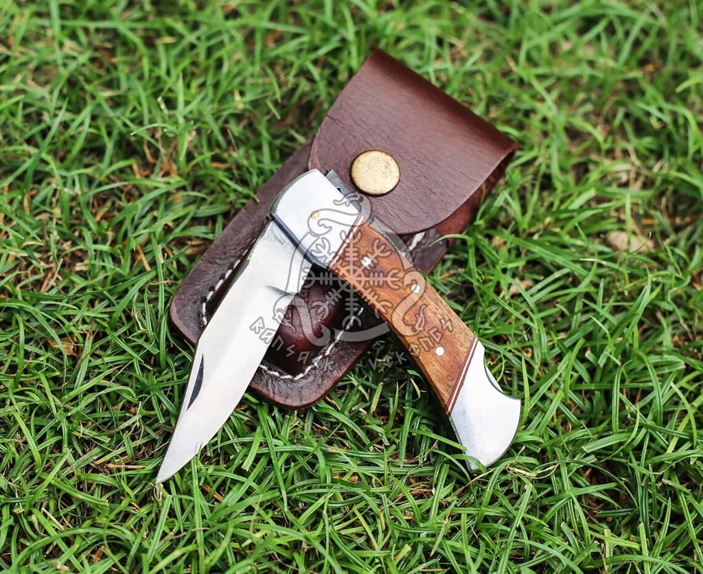 Stainless Steel Folding Pocket Knife — Hand-Forged, 7″ Overall, Camel Bone Handle, Leather Sheath