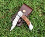 Stainless Steel Folding Pocket Knife — Hand-Forged, 7" Overall, Camel Bone Handle, Leather Sheath