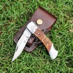 Stainless Steel Folding Pocket Knife — Hand-Forged, 7" Overall, Camel Bone Handle, Leather Sheath