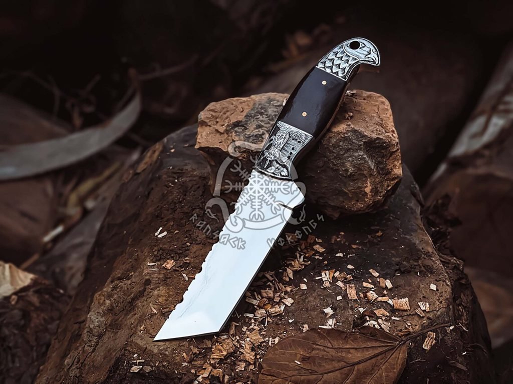 D2 Steel Tanto Knife — Hand-Forged, Stag Horn Handle, Leather Sheath | Engraving Available