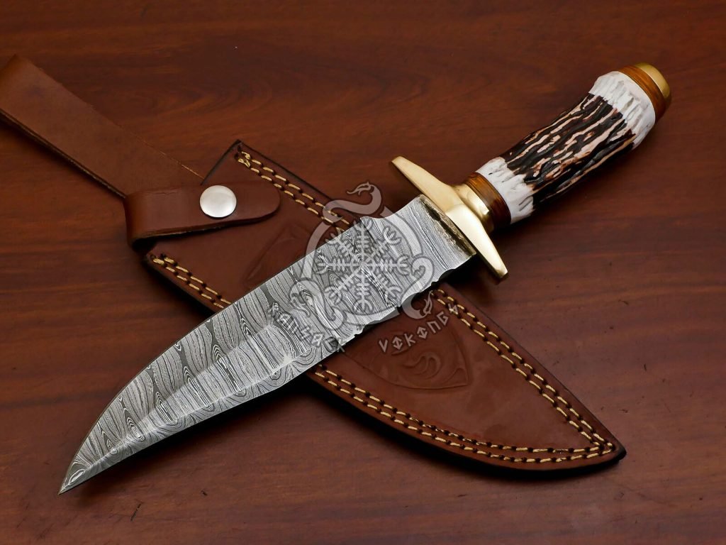 Damascus Bowie Knife — Hand-Forged, 11.5″ Overall, Stag Horn Handle, Leather Sheath - view 2