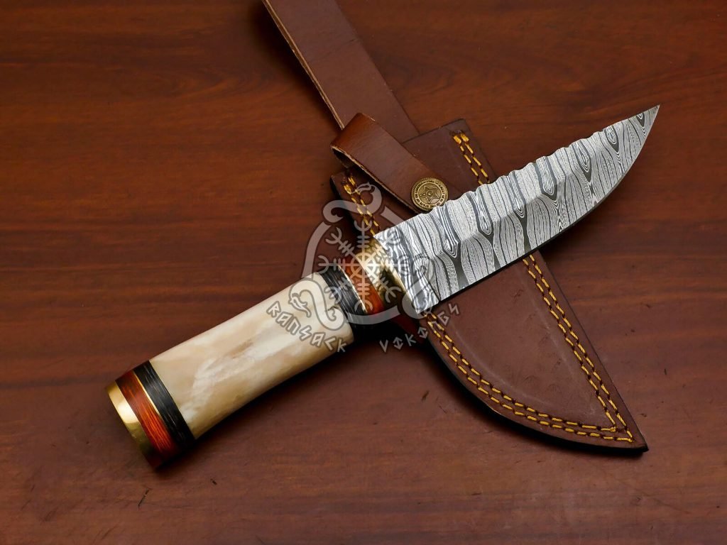 Damascus Skinner Knife — Hand-Forged, 10″ Overall, Camel Bone Handle, Leather Sheath - view 2