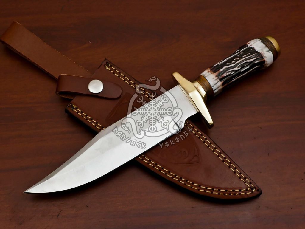 D2 Steel Camp Knife — Hand-Forged, Stag Horn Handle, Leather Sheath
