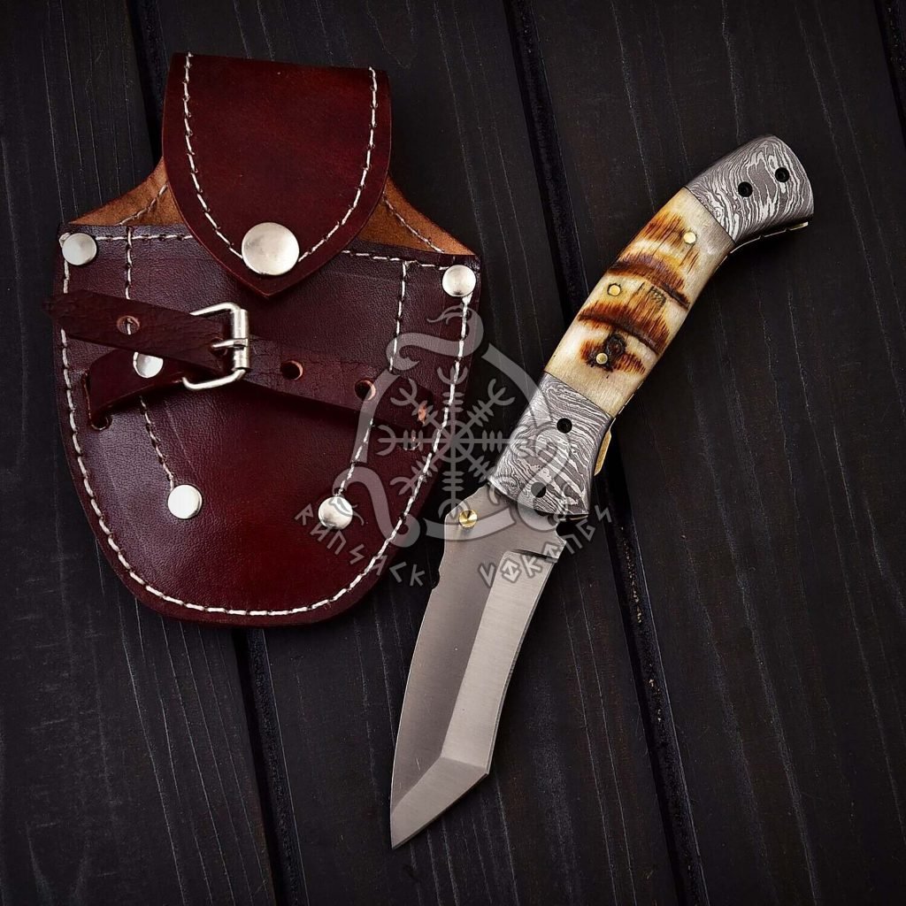 D2 Steel Folding Pocket Knife — Hand-Forged, 8.4″ Overall, Ram Horn Handle, Leather Sheath