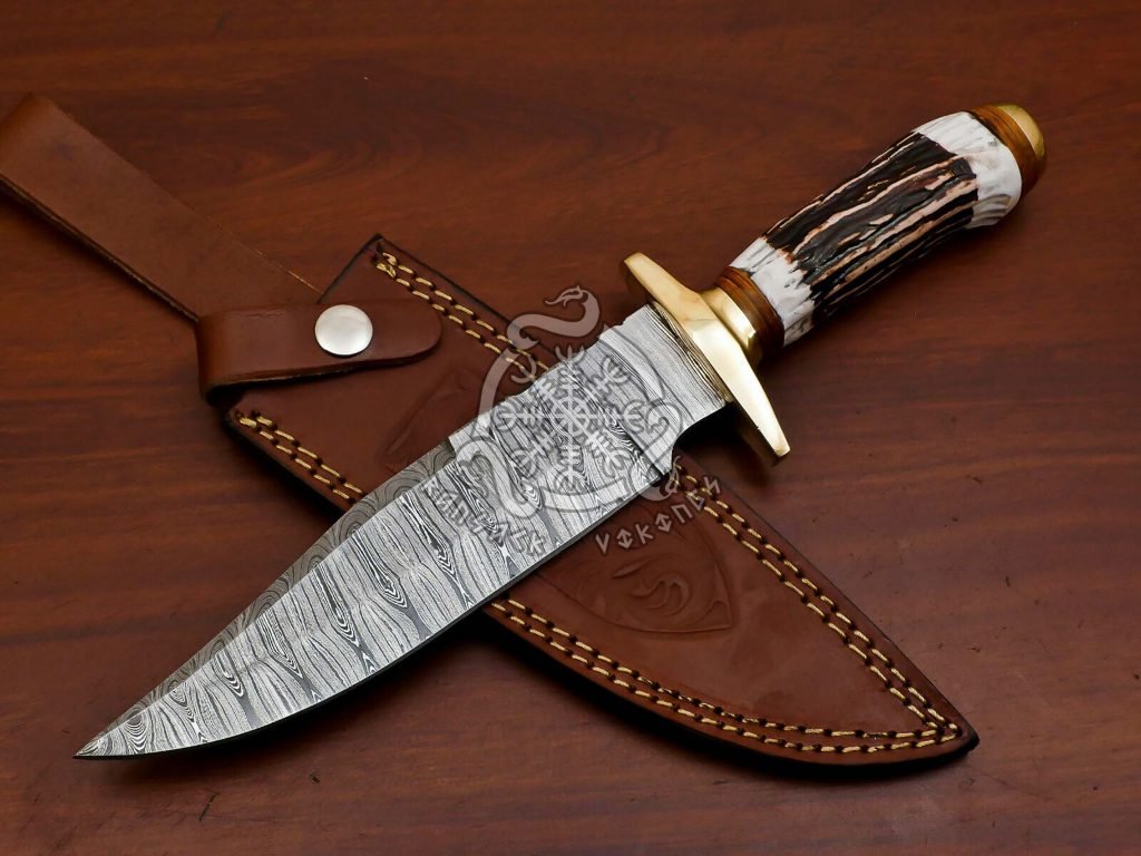 Damascus Bowie Knife — Hand-Forged, 11.5″ Overall, Stag Horn Handle, Leather Sheath