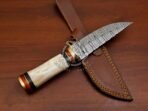 Damascus Skinner Knife — Hand-Forged, 10" Overall, Camel Bone Handle, Leather Sheath - Image 4