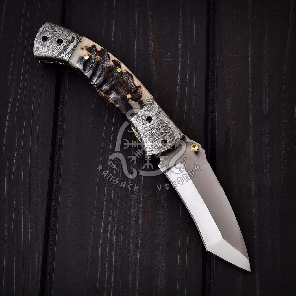 D2 Steel Folding Pocket Knife — Hand-Forged, 8.4″ Overall, Ram Horn Handle, Leather Sheath - view 2