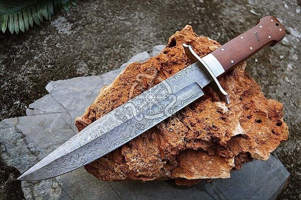 Damascus Bowie Knife — Hand-Forged, 18″ Overall, Camel Bone Handle, Leather Sheath