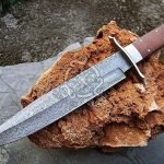 Damascus Bowie Knife — Hand-Forged, 18" Overall, Camel Bone Handle, Leather Sheath