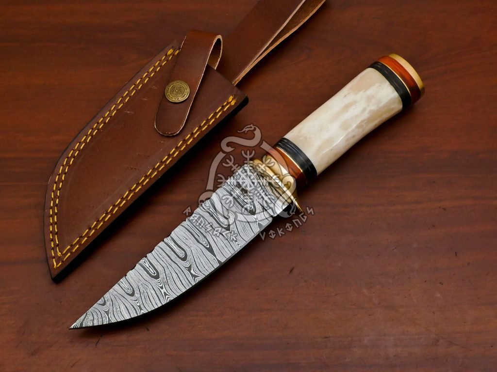 Damascus Skinner Knife — Hand-Forged, 10″ Overall, Camel Bone Handle, Leather Sheath