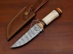 Damascus Skinner Knife — Hand-Forged, 10" Overall, Camel Bone Handle, Leather Sheath