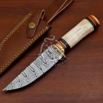 Damascus Skinner Knife — Hand-Forged, 10" Overall, Camel Bone Handle, Leather Sheath