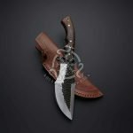Damascus Tracker Knife — Hand-Forged, 11" Overall, Wood Handle, Leather Sheath