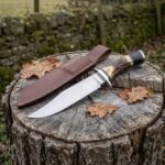 Stag horn handled bowie knife lying on a tree stump beside its brown leather sheath with fallen oak leaves around it