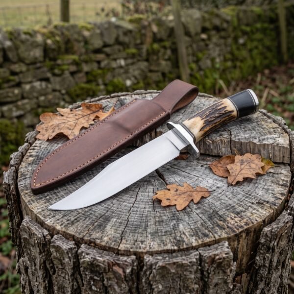 Stag horn handled bowie knife lying on a tree stump beside its brown leather sheath with fallen oak leaves around it