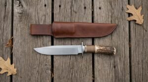 Steel camp knife with stag horn handle and steel guard laid on wooden boards below its brown leather sheath, oak leaves around