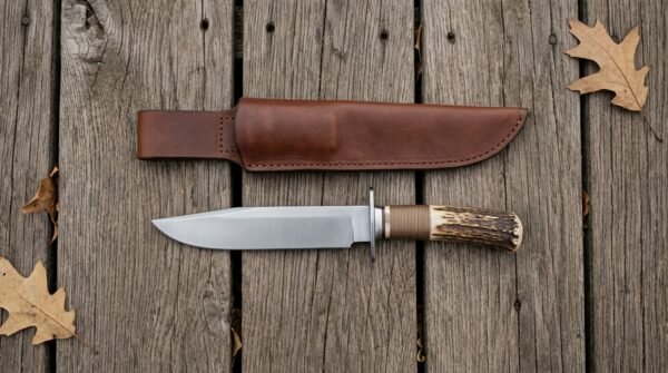 Steel camp knife with stag horn handle and steel guard laid on wooden boards below its brown leather sheath, oak leaves around