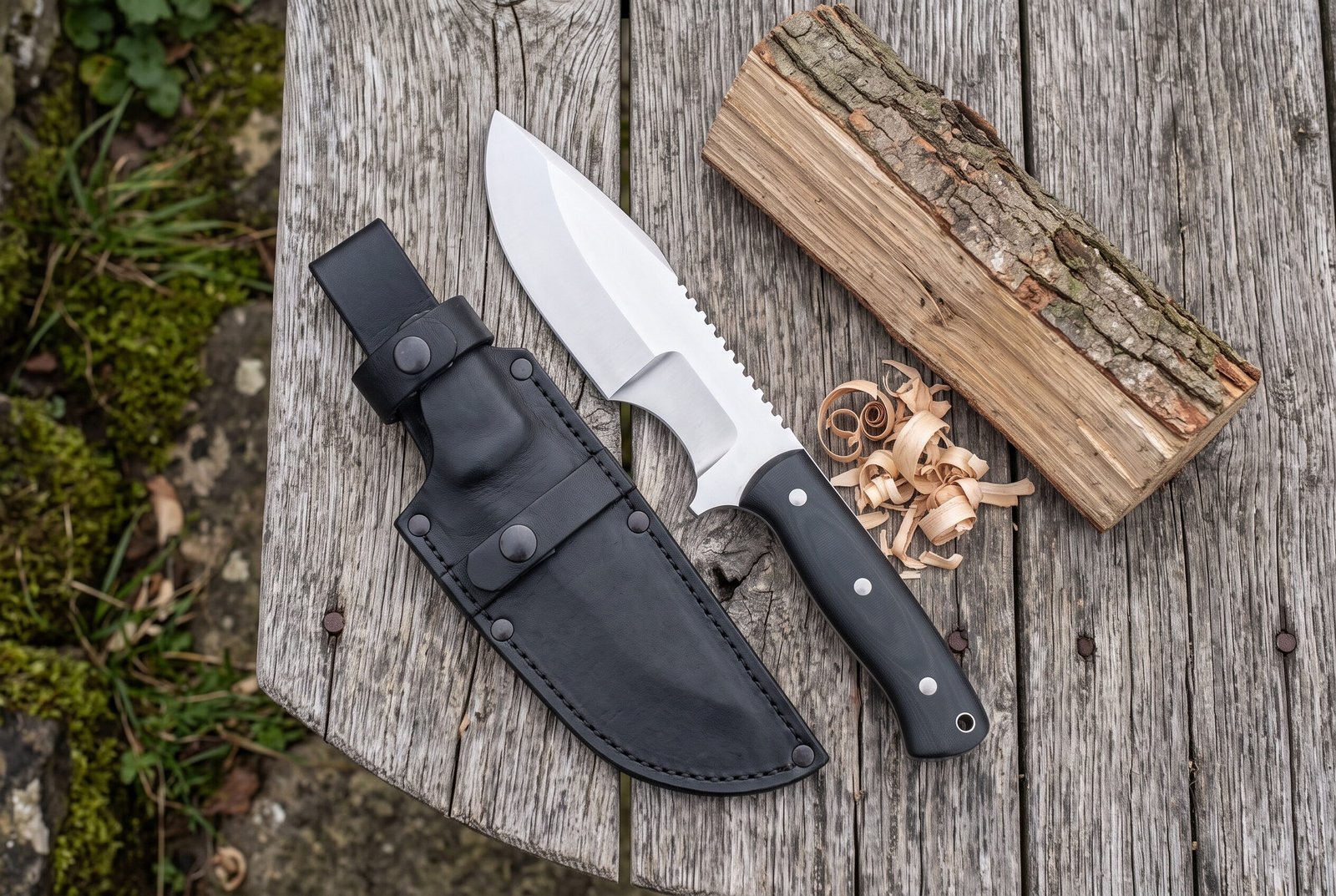 Tracker knife with black micarta handle and saw back spine lying on a wooden table beside its black sheath and wood shav Tracker knife with black micarta handle and saw back spine lying on a wooden table beside its black sheath and wood shavings