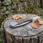 Damascus folding pocket knife with resin handle lying closed on a tree stump among dry autumn leaves