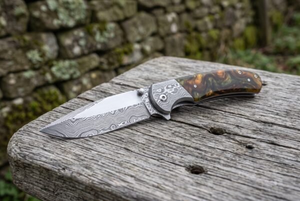 Damascus steel folding knife with resin handle lying open on an old wooden bench beside a mossy stone wall