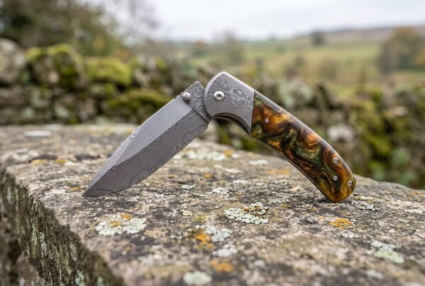Damascus steel folding pocket knife with amber and green resin handle standing upright on a lichen covered stone wall outdoors