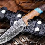 Damascus Gut Hook Hunting Knife — Hand-Forged, Rosewood Handle