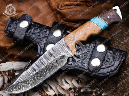 Damascus Skinner Gut Hook knife, Damascus Fixed Blade, Hunting knife , Viking knife, Forged steel knife Bush Craft knife Turquoise Handl