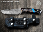 Damascus Gut Hook Hunting Knife, Hand-Forged, Buffalo Horn Handle