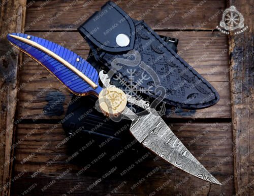 Handmade Damascus Folding Pocket Knife - EDC, Engraved Handle - Perfect Gift for Him - Made in the USA (promotional price)