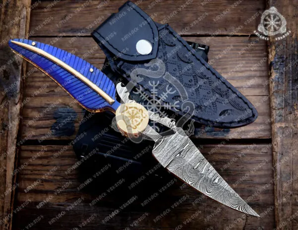 Damascus Folding Pocket Knife — Hand-Forged, 8.5" Overall, Resin Handle | Engraving Available