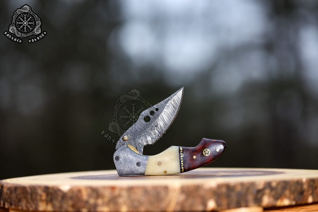 Damascus Folding Pocket Knife — Hand-Forged, 7″ Overall, Camel Bone Handle, Leather Sheath - view 2
